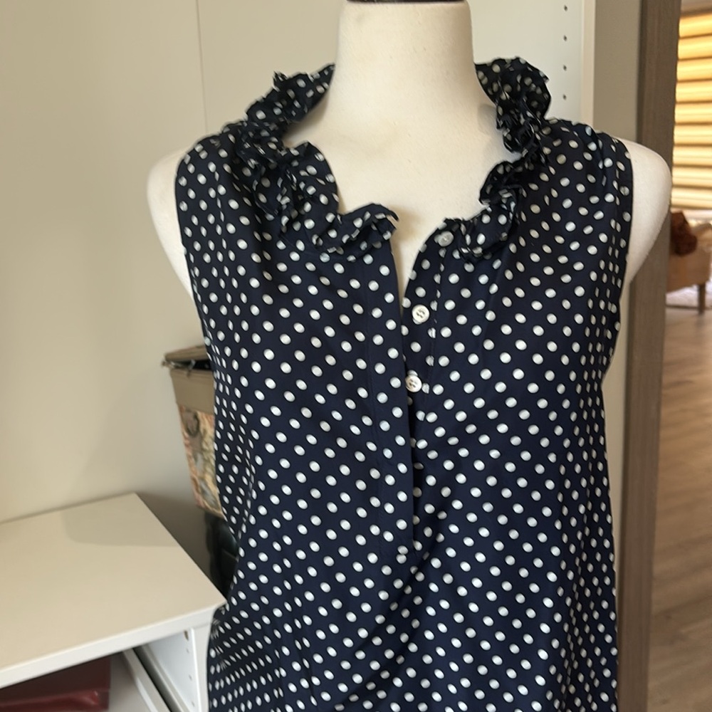 J. Crew Navy and White Polka Dot Ruffle Collar Sleeveless Blouse